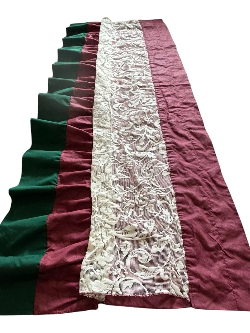 Vint Country Home Valance Ruffle Curtain Multi Tier Burgundy Lace Hunter Green